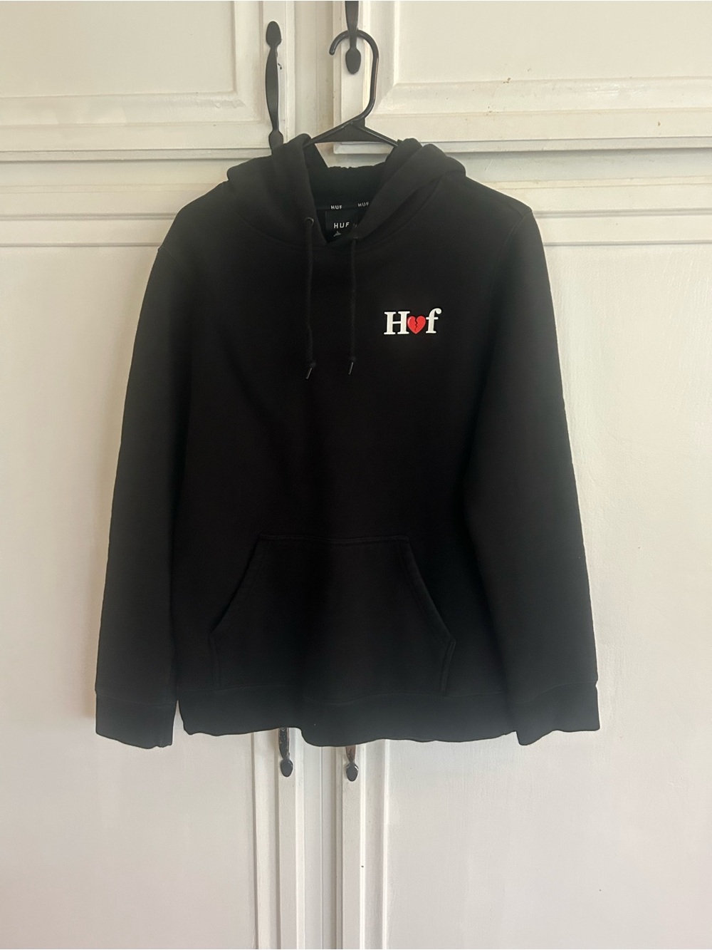 HUF Black Crewneck Hoodie with Red Heart Logo